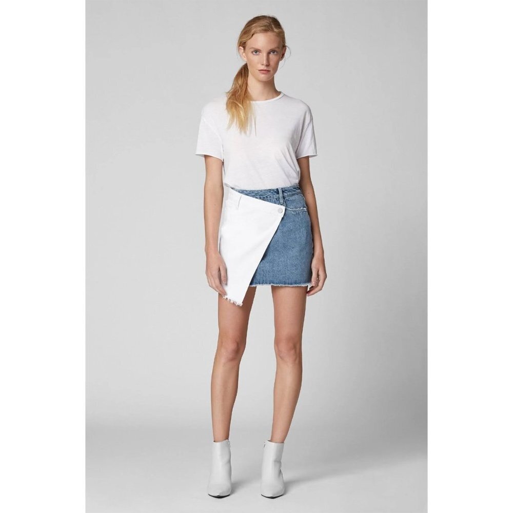 Blank NYC Asymmetrical Wrap Two Toned‎ Distressed Frayed Hem Denim Mini Skirt